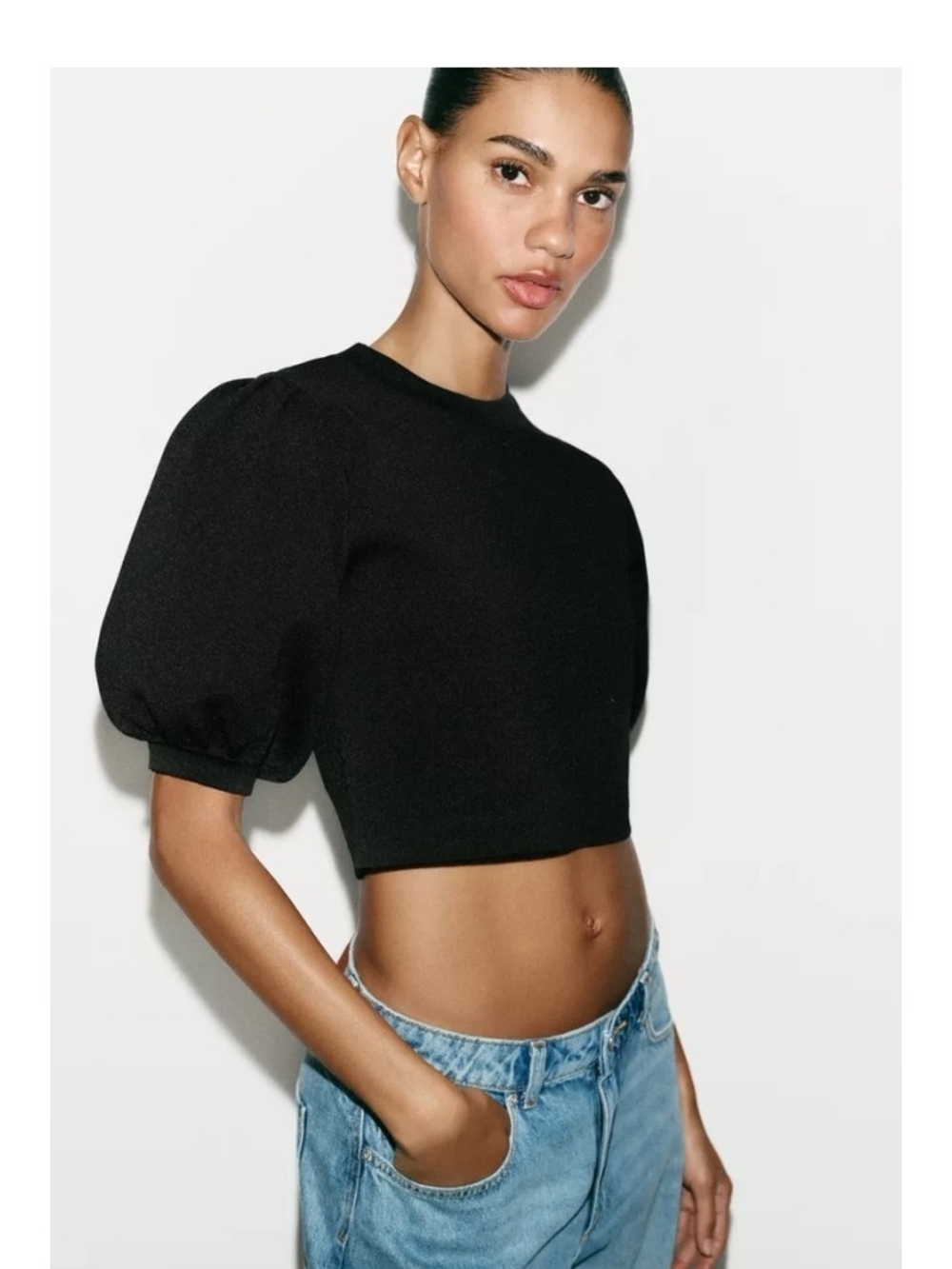 Zara Black Knit Puff-Sleeve Cropped Top Sz-L